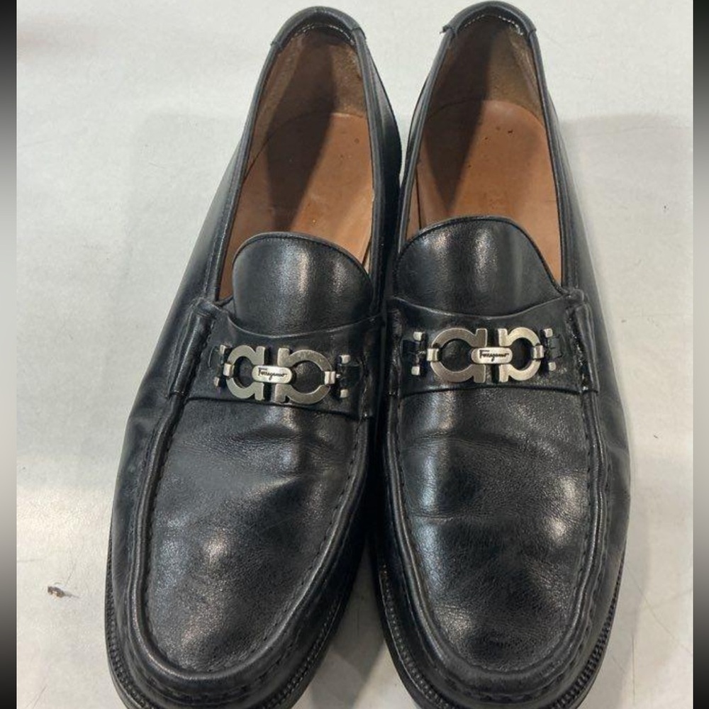 Men’s Salvatore Ferragamo Black Leather Loafers with Silver Bit Detail Size 13